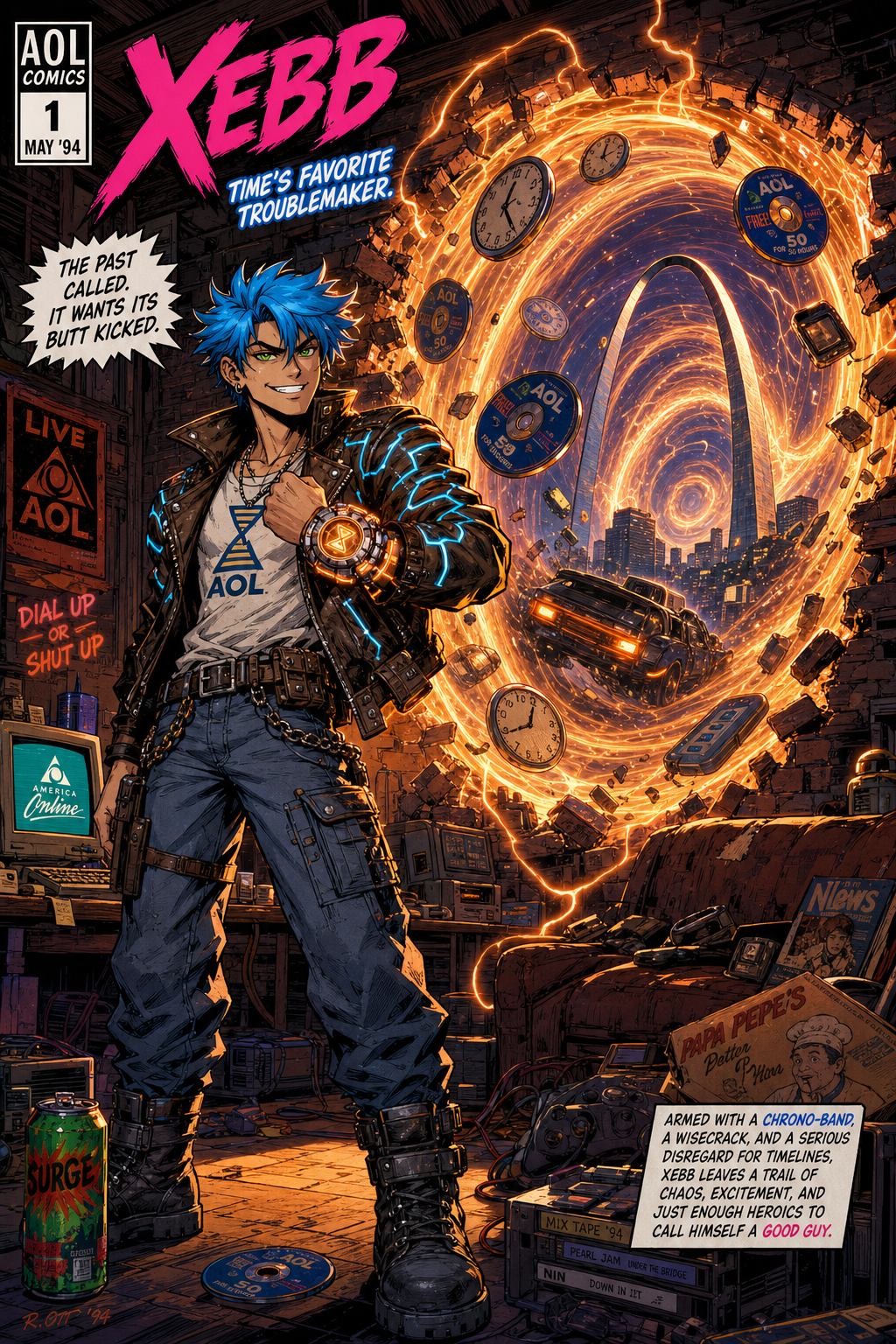 Volume 1 cover: Xebb in his garage apartment as a time portal tears through the wall