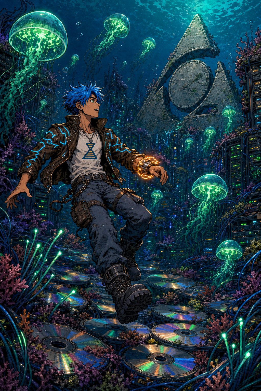 Volume 2 cover: Xebb floating in an underwater city built from server racks and AOL trial discs
