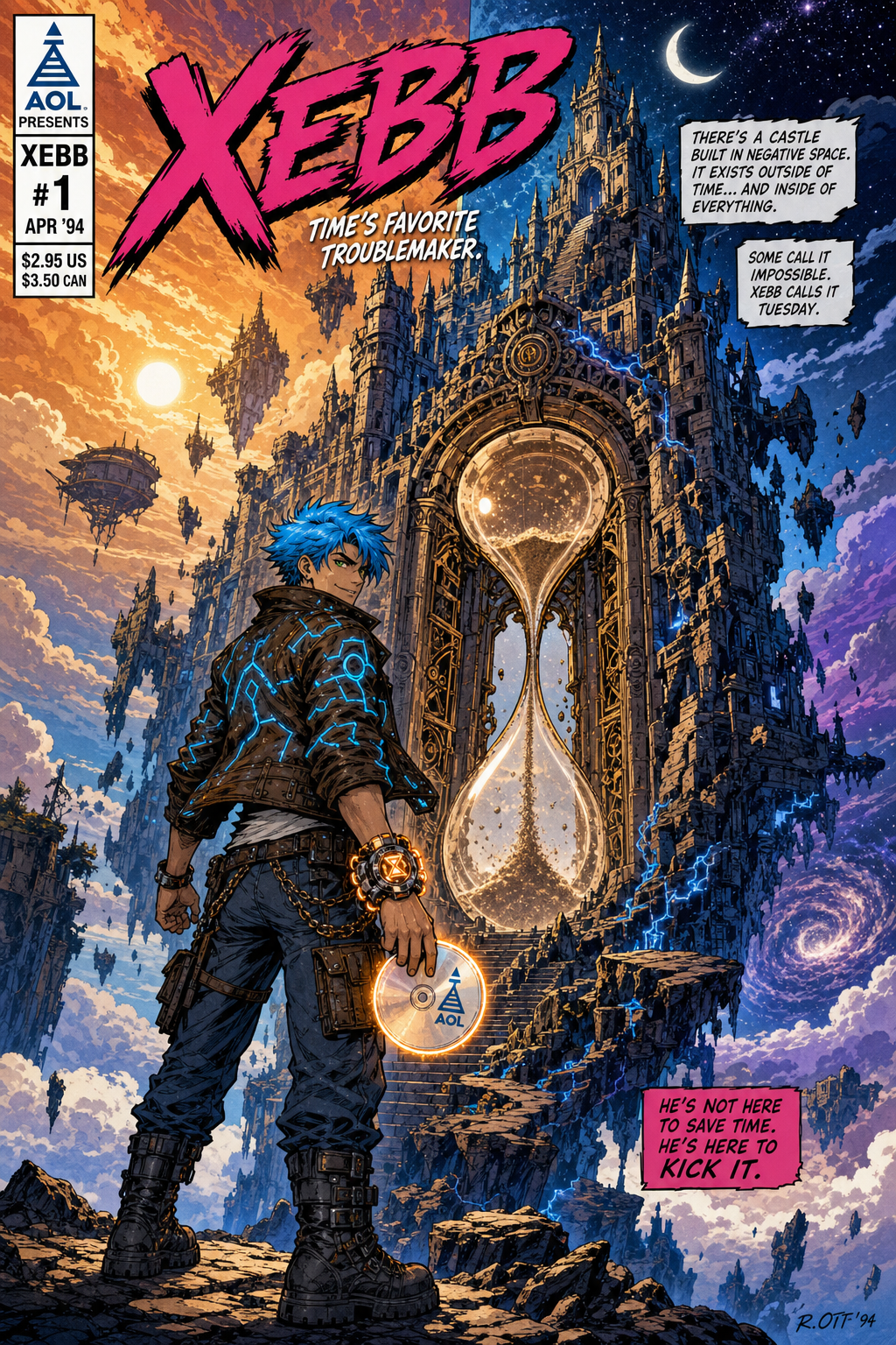 Volume 3 cover: Xebb at the gates of the Kingdom, an impossible castle surrounded by every sky