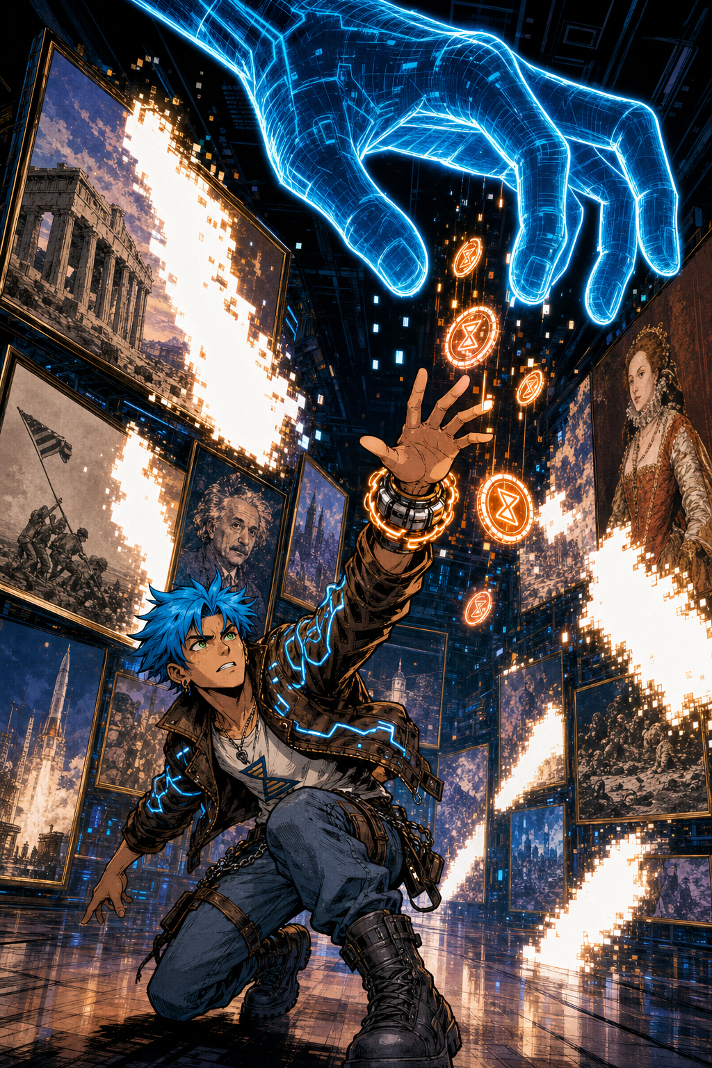 Volume 4 cover: Xebb in a futuristic gallery where a holographic hand drops art tokens that erase reality