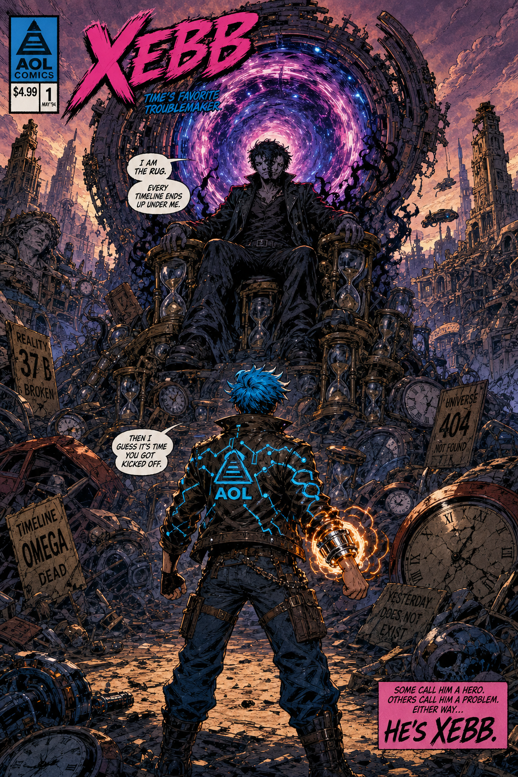 Volume 5 cover: The Graveyard of Timelines with The Rug on his throne of broken hourglasses