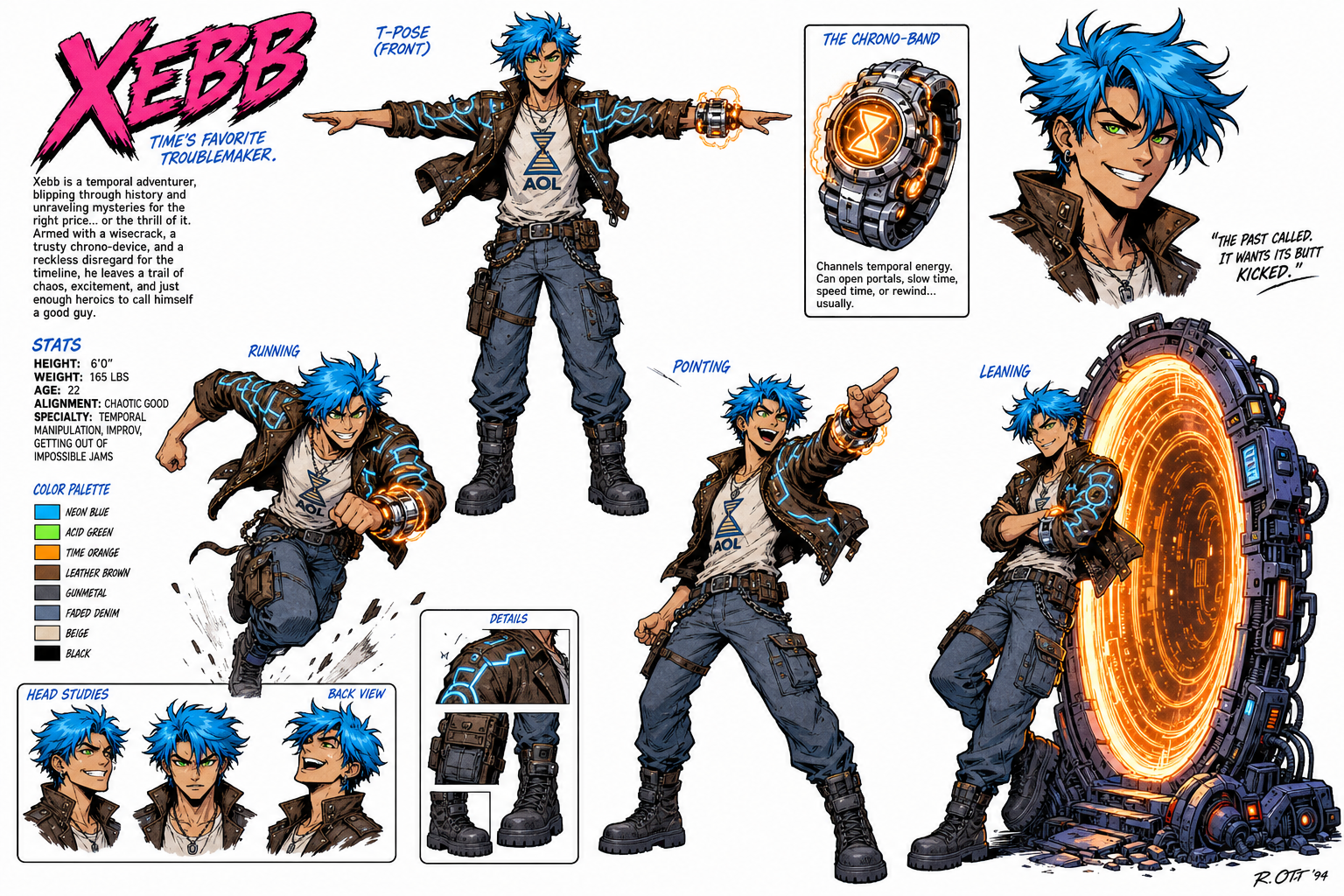 Character design sheet for Xebb, showing multiple poses, detail callouts, color palette, and facial expressions